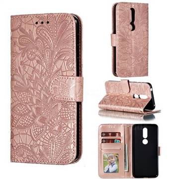 Intricate Embossing Lace Jasmine Flower Leather Wallet Case for Nokia 7.1 - Rose Gold