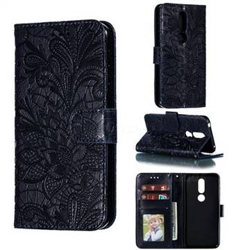 Intricate Embossing Lace Jasmine Flower Leather Wallet Case for Nokia 7.1 - Dark Blue