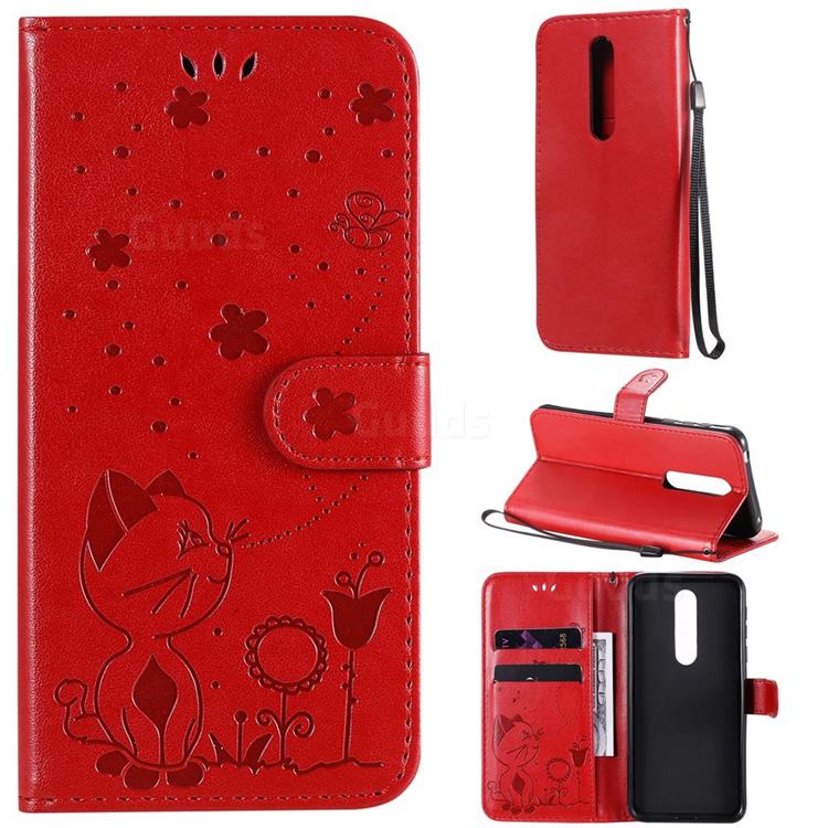 Embossing Bee and Cat Leather Wallet Case for Nokia 7.1 - Red