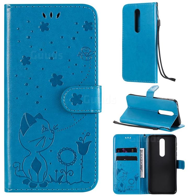 Embossing Bee and Cat Leather Wallet Case for Nokia 7.1 - Blue