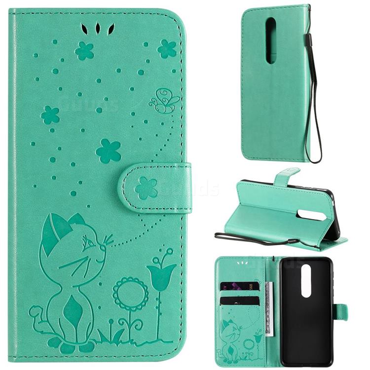 Embossing Bee and Cat Leather Wallet Case for Nokia 7.1 - Green