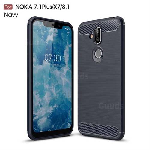 Luxury Carbon Fiber Brushed Wire Drawing Silicone TPU Back Cover for Nokia 8.1 (Nokia X7) - Navy