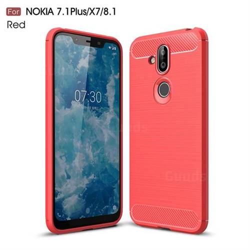 Luxury Carbon Fiber Brushed Wire Drawing Silicone TPU Back Cover for Nokia 8.1 (Nokia X7) - Red
