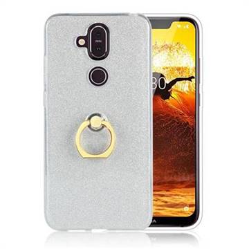 Luxury Soft TPU Glitter Back Ring Cover with 360 Rotate Finger Holder Buckle for Nokia 8.1 (Nokia X7) - White