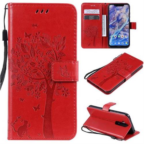 Embossing Butterfly Tree Leather Wallet Case for Nokia 8.1 (Nokia X7) - Red