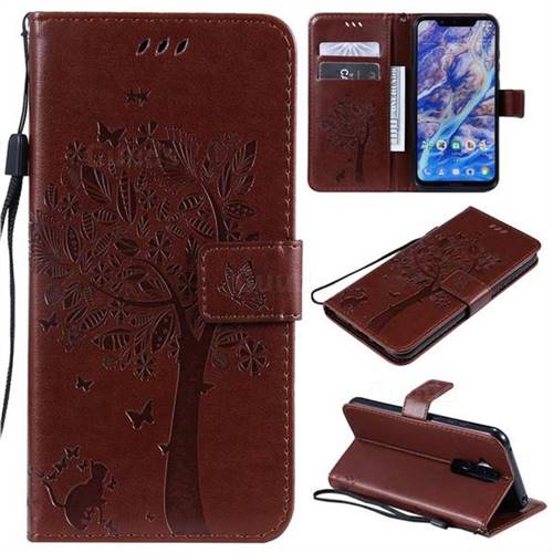 Embossing Butterfly Tree Leather Wallet Case for Nokia 8.1 (Nokia X7) - Coffee