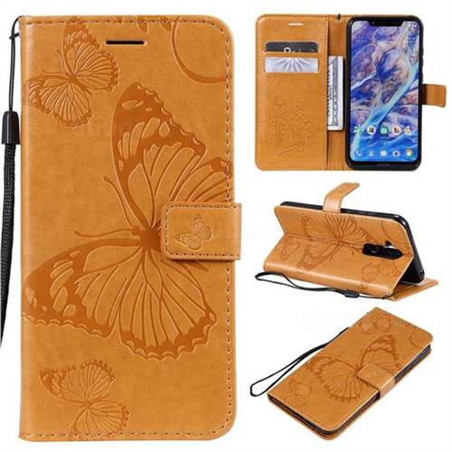 Embossing 3D Butterfly Leather Wallet Case for Nokia 8.1 (Nokia X7) - Yellow