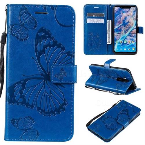 Embossing 3D Butterfly Leather Wallet Case for Nokia 8.1 (Nokia X7) - Blue