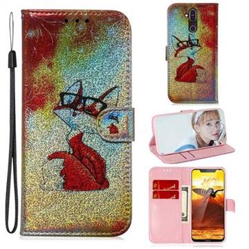 Glasses Fox Laser Shining Leather Wallet Phone Case for Nokia 8.1 (Nokia X7)