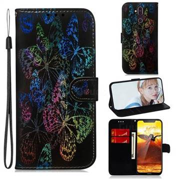 Black Butterfly Laser Shining Leather Wallet Phone Case for Nokia 8.1 (Nokia X7)