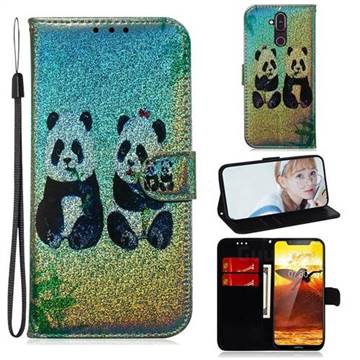 Two Pandas Laser Shining Leather Wallet Phone Case for Nokia 8.1 (Nokia X7)