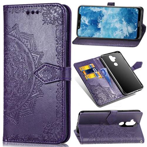 Embossing Imprint Mandala Flower Leather Wallet Case for Nokia 8.1 (Nokia X7) - Purple