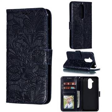 Intricate Embossing Lace Jasmine Flower Leather Wallet Case for Nokia 8.1 (Nokia X7) - Dark Blue
