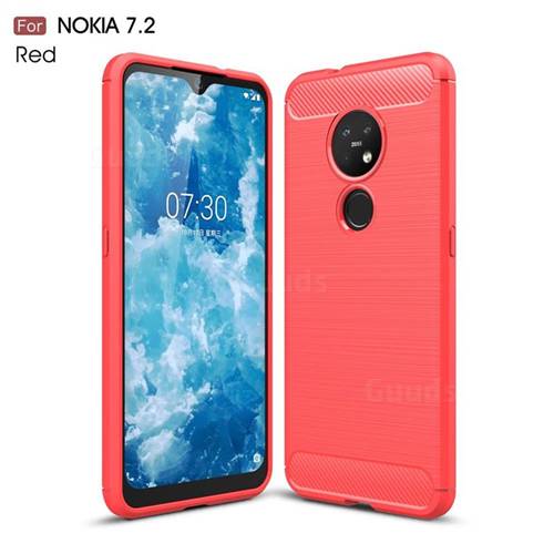 Luxury Carbon Fiber Brushed Wire Drawing Silicone TPU Back Cover for Nokia 7.2 - Red