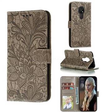 Intricate Embossing Lace Jasmine Flower Leather Wallet Case for Nokia 7.2 - Gray