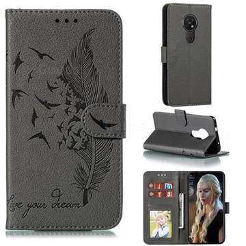 Intricate Embossing Lychee Feather Bird Leather Wallet Case for Nokia 7.2 - Gray