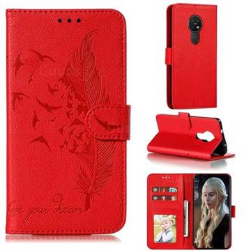 Intricate Embossing Lychee Feather Bird Leather Wallet Case for Nokia 7.2 - Red