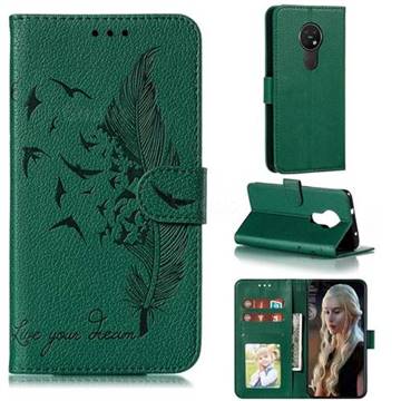 Intricate Embossing Lychee Feather Bird Leather Wallet Case for Nokia 7.2 - Green