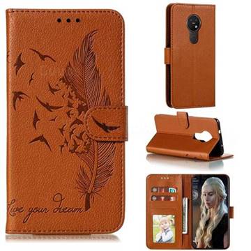 Intricate Embossing Lychee Feather Bird Leather Wallet Case for Nokia 7.2 - Brown