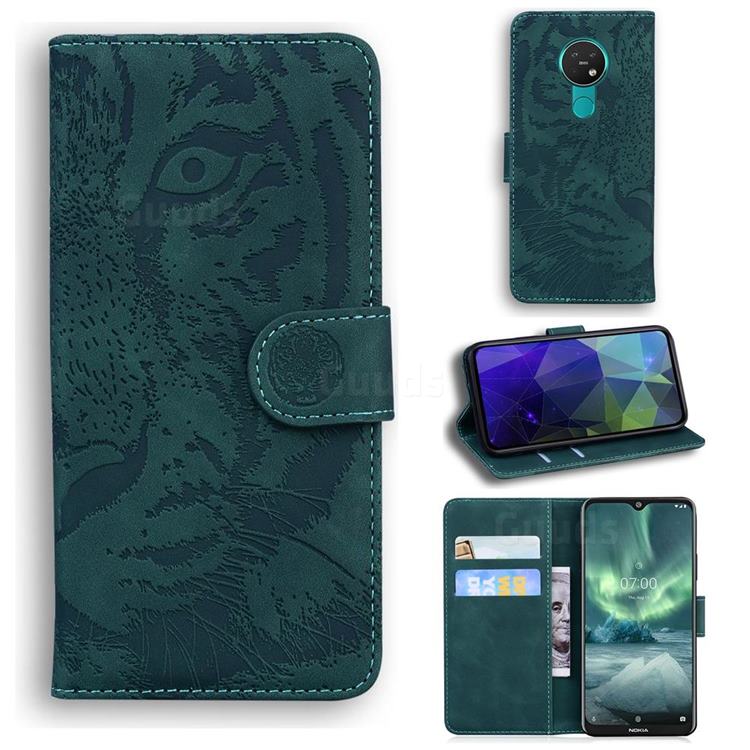Intricate Embossing Tiger Face Leather Wallet Case for Nokia 7.2 - Green