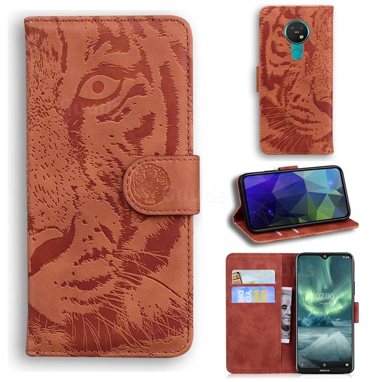 Intricate Embossing Tiger Face Leather Wallet Case for Nokia 7.2 - Brown