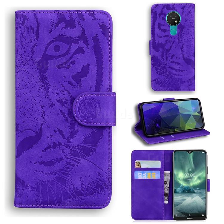 Intricate Embossing Tiger Face Leather Wallet Case for Nokia 7.2 - Purple