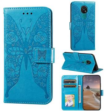 Intricate Embossing Rose Flower Butterfly Leather Wallet Case for Nokia 7.2 - Blue