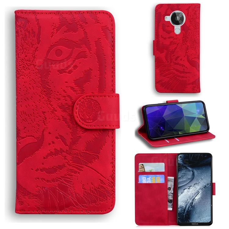 Intricate Embossing Tiger Face Leather Wallet Case for Nokia 7.3 - Red