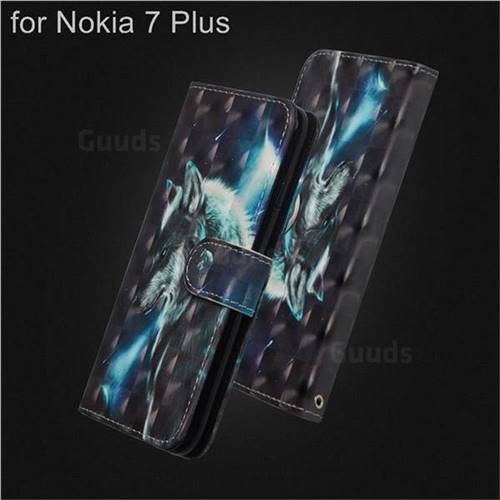 Snow Wolf 3D Painted Leather Wallet Case for Nokia 7 Plus