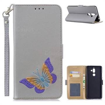 Imprint Embossing Butterfly Leather Wallet Case for Nokia 7 Plus - Grey