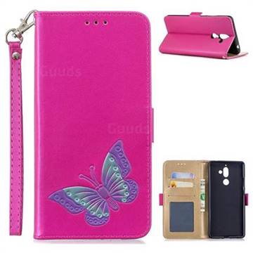 Imprint Embossing Butterfly Leather Wallet Case for Nokia 7 Plus - Rose Red