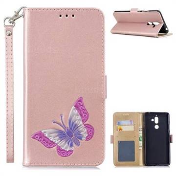 Imprint Embossing Butterfly Leather Wallet Case for Nokia 7 Plus - Rose Gold