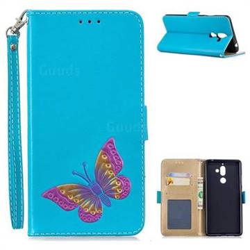 Imprint Embossing Butterfly Leather Wallet Case for Nokia 7 Plus - Sky Blue