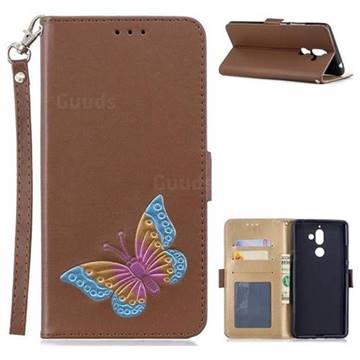 Imprint Embossing Butterfly Leather Wallet Case for Nokia 7 Plus - Brown