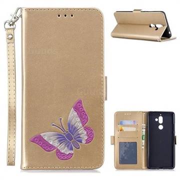Imprint Embossing Butterfly Leather Wallet Case for Nokia 7 Plus - Golden