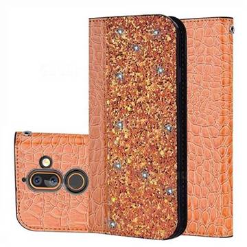 Shiny Crocodile Pattern Stitching Magnetic Closure Flip Holster Shockproof Phone Cases for Nokia 7 Plus - Gold Orange