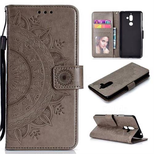 Intricate Embossing Datura Leather Wallet Case for Nokia 7 Plus - Gray