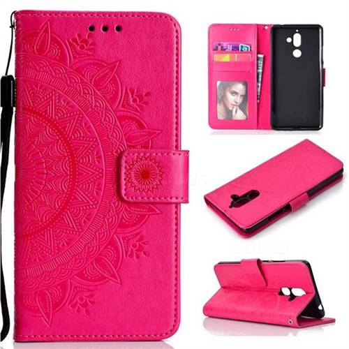 Intricate Embossing Datura Leather Wallet Case for Nokia 7 Plus - Rose Red