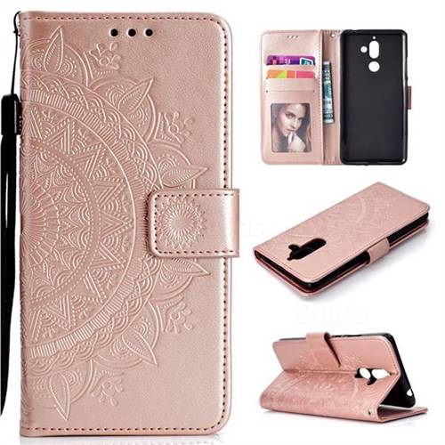 Intricate Embossing Datura Leather Wallet Case for Nokia 7 Plus - Rose Gold