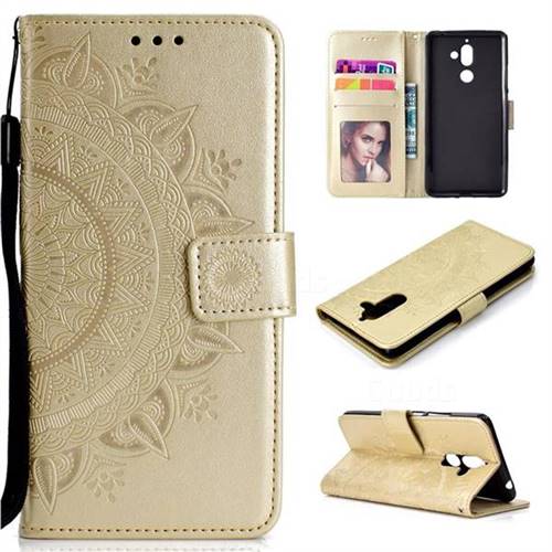 Intricate Embossing Datura Leather Wallet Case for Nokia 7 Plus - Golden