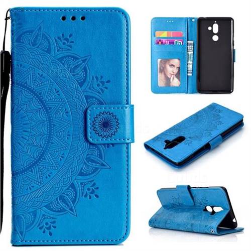 Intricate Embossing Datura Leather Wallet Case for Nokia 7 Plus - Blue