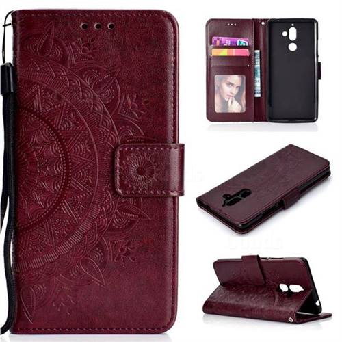 Intricate Embossing Datura Leather Wallet Case for Nokia 7 Plus - Brown