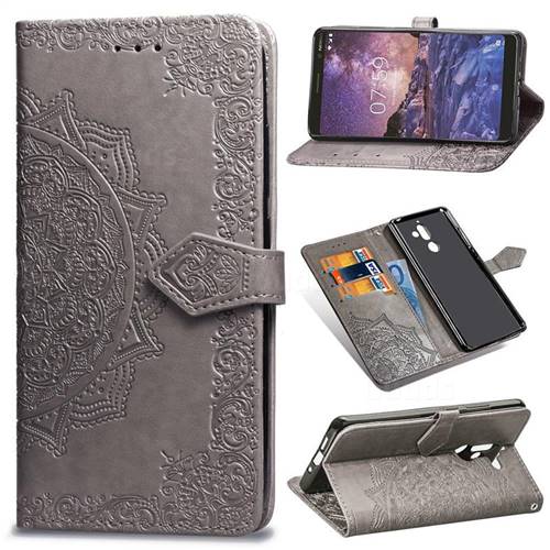 Embossing Imprint Mandala Flower Leather Wallet Case for Nokia 7 Plus - Gray