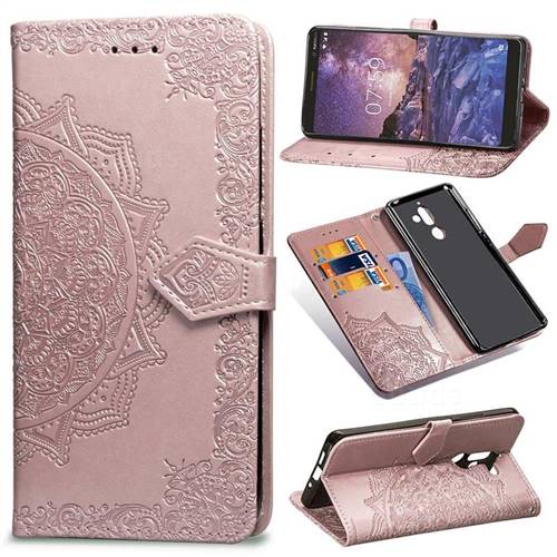 Embossing Imprint Mandala Flower Leather Wallet Case for Nokia 7 Plus - Rose Gold