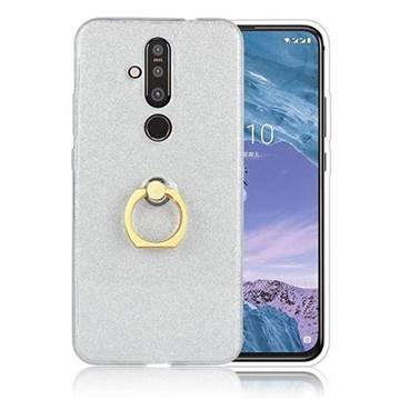 Luxury Soft TPU Glitter Back Ring Cover with 360 Rotate Finger Holder Buckle for Nokia 8.1 Plus (Nokia X71) - White