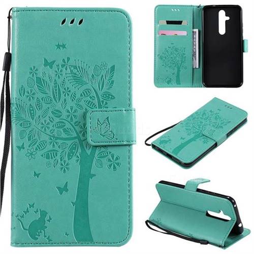 Embossing Butterfly Tree Leather Wallet Case for Nokia 8.1 Plus (Nokia X71) - Cyan