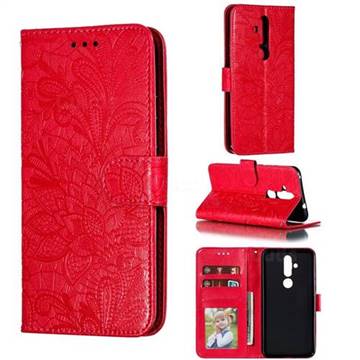 Intricate Embossing Lace Jasmine Flower Leather Wallet Case for Nokia 8.1 Plus (Nokia X71) - Red