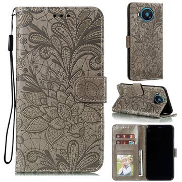 Intricate Embossing Lace Jasmine Flower Leather Wallet Case for Nokia 8.3 - Gray