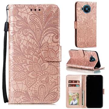Intricate Embossing Lace Jasmine Flower Leather Wallet Case for Nokia 8.3 - Rose Gold