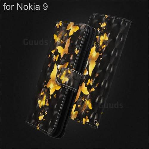 Golden Butterfly 3D Painted Leather Wallet Case for Nokia 9